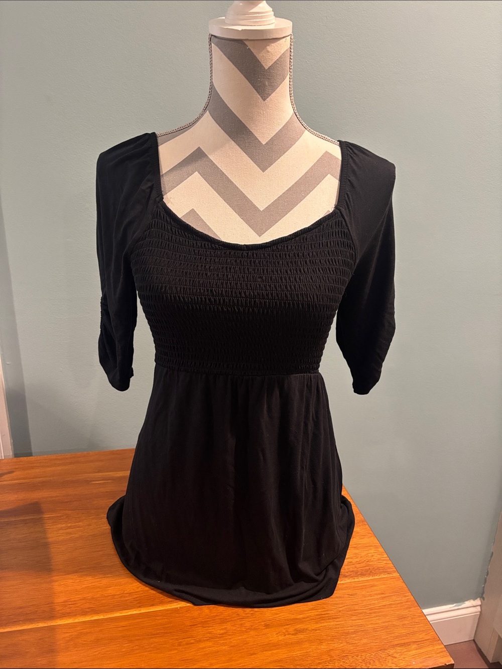 Black Smocked Scoop-Neck Women’s Tunic Top